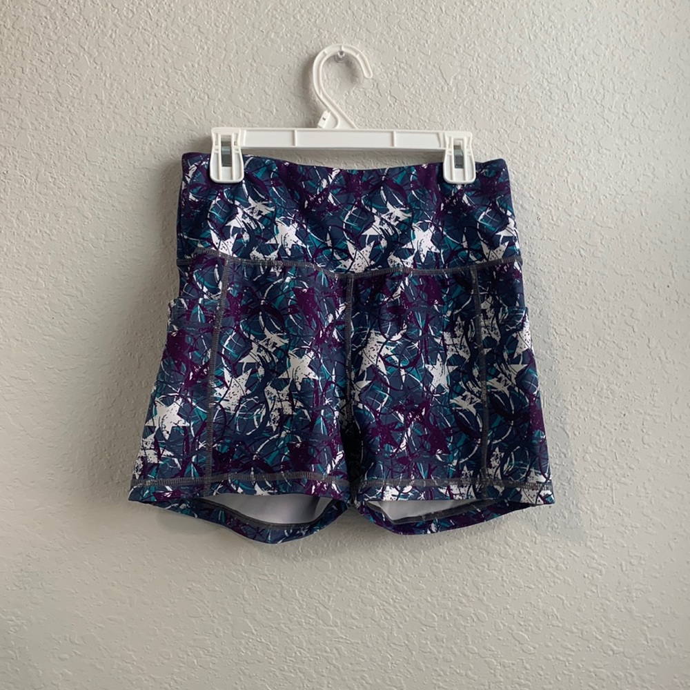 Purple blue and white biker shorts with pockets